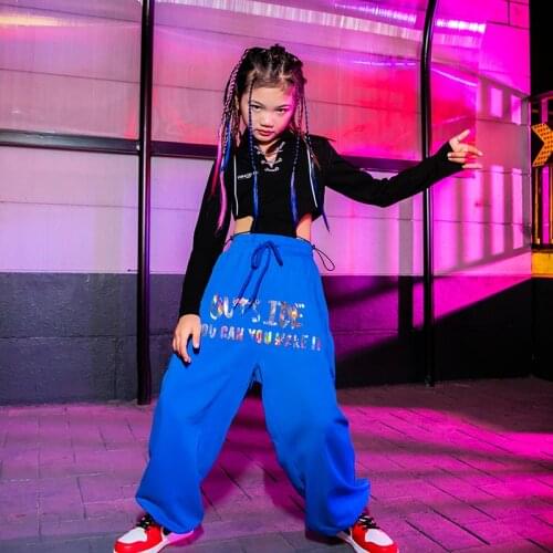 2021 ChildrenS Day Stage Performance Costumes Girls Jazz Dance Black Tops Blue Pants Kids Hip Hop Street Dance Clothing DQL5399
