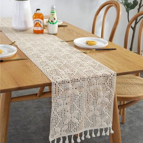 Table Runner Linen with Tassels Crochet Macrame Boho Cotton Hollow Table Runner for rustic wedding Diningroom Dresser home Decor
