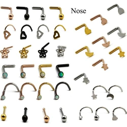 1Set Anodized Opal L Shape Nose Stud Heart&Moon&Star Nostril Nose Screw Ring Piercing Neus Body Jewelry 20g