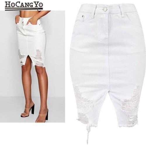 HCYO Women High Waist Skirt Hole Ripped White Denim Skirts Womens Tassels Front Slit Sexy Mini Skirt Women Cotton Denim Skirts