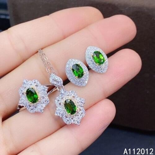 KJJEAXCMY fine Jewelry 925 sterling silver inlaid natural Diopside exquisite pendant ring earring set support test Chinese style