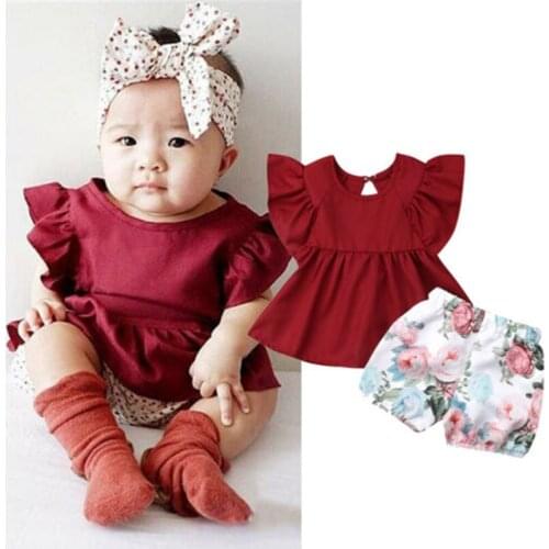 0-36M Baby Girls Set Red Ruffle Short Sleeve Shirt For Girls Floral Print Pants Baby Shorts Baby Girls Set Clothing Newborn Set