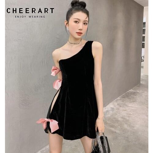 CHEERART Summer Bow One Shoulder Dress Summer 2021 Herben Sexy Mini Korean Fashion A Line Little Black Dress Women Clothing