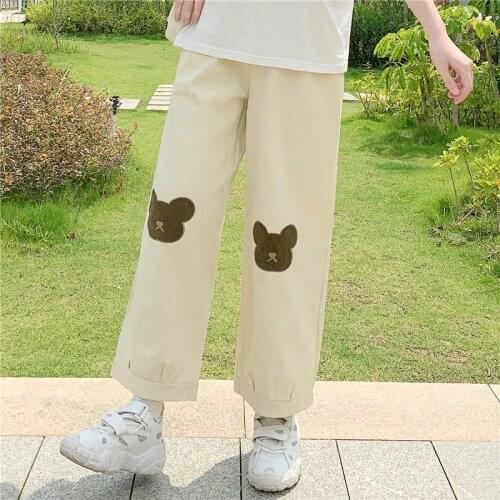 Japanese Cute Womens Pants Female Spring Autumn Bear Wide-leg Pants Loose Straight Casual Korean Fashion Y2k Pants Streetwear