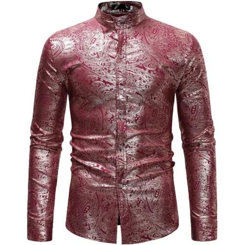 Gold Paisley Floral Foil Print Dress Shirt Men Slim Fit Long Sleeve Chemise Homme Casual Wedding Party Social Henley Shirt Male