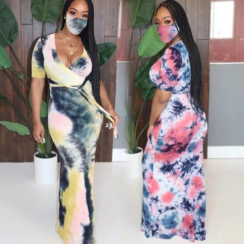 2021 Summer New Style European and American Womens Sexy Printed V Neck Dress Tie-Dye Short-Sleeved Long Skirt