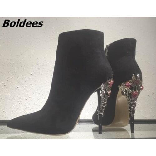 New Fancy Design Black Suede Thin High Heel Shirt Boots Stylish Women Pointy Metal Flower Decorated Stiletto Heel Ankle Boots
