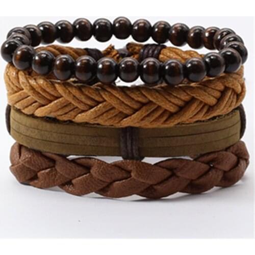 Khaki Woven 4 Pcs/set Wood Beaded Hip hop Jewelry Leather Men Bracelets Women Vintage Bangle Male Homme Jewelry Accessories