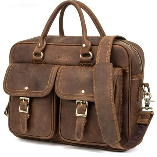 Retro Crazy Horse Cowhide Casual Mens Business Briefing Packing 14 Inch Computer Handbag