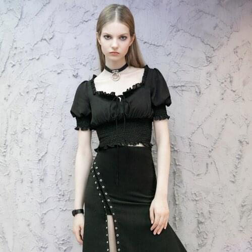 PUNKRAVE Womens Goth "sweet Cool Girls" Cute Sexy Princess Sleeves Top Generous Neck Casual Chiffon Short Sleeve Short T-shirt