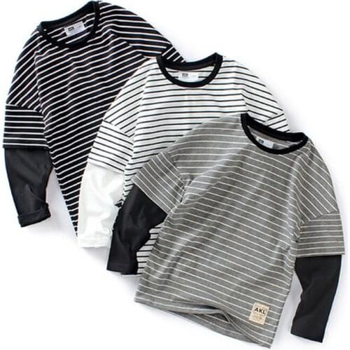 Boys Long Sleeve T-Shirts Striped Fashion Design Kids Splicing Tee Tops For Teens Boys Girls 120-160 CM Children Clothes LM003