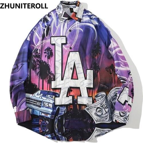 America City Print Vintage Shirts Hip Hop Long Sleeve Shirt Coats Streetwear Harajuku Loose Button Blouse Fashion Oversize Tops