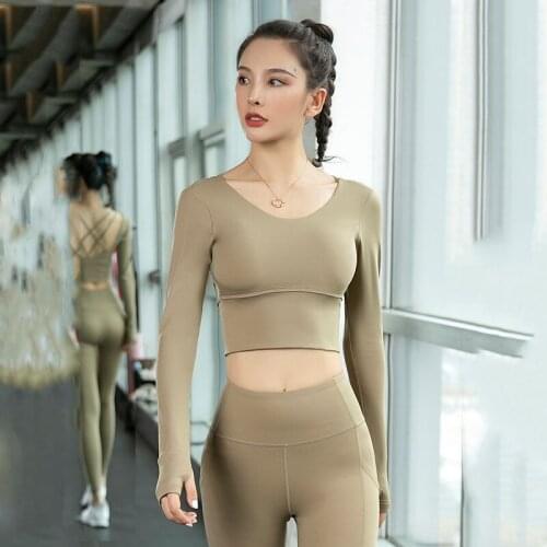 Yoga Shirts Workout Open Back Top Long Sleeve Crop Top Women Spring Autumn Gym Cross Back Sports With Chest Pad Shirt