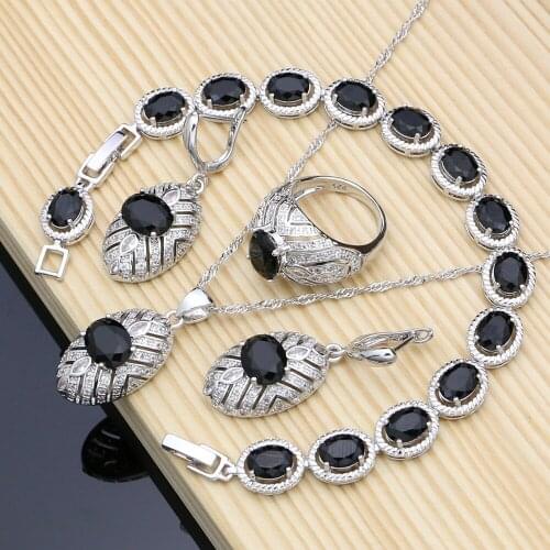 Silver Bridal Jewelry Black Crystal Jewelry Sets For Women Party Earrings With Stone Rings Bracelet Necklace Set Dropshipping
