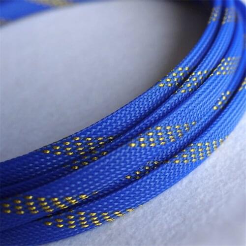 Blue & Golden - High quality 10mm Braided PET Expandable Sleeving High Density Sheathing Plaited Cable Sleeves 1M