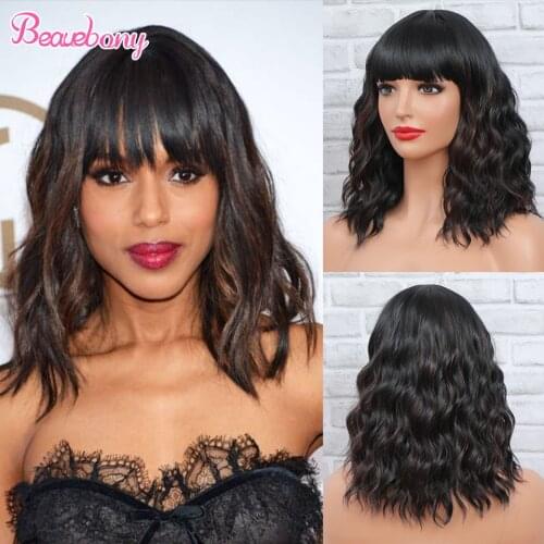 Beauebony Synthetic Wig T1B/33 Red And Black Wig For Women Short Black Wavy Wig With Bangs Heat Resistant Wigs Synthetic Hair