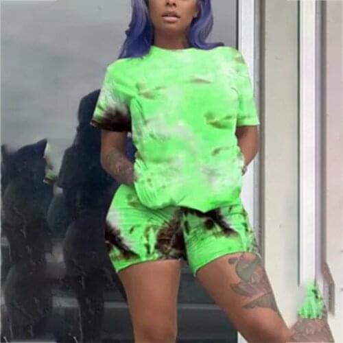 2021 Fashion Tie-Dye Suit Short Sleeve Top and Pants Sports Sweatshirt Set O-Neck Casual Joggers Biker Shorts Streetwear Outfit