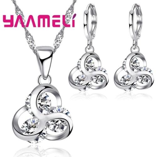 Unique Design CZ Crystal Triangle Pendant Jewelry Sets 925 Sterling Silver Women Necklace Hoop Earrings Set