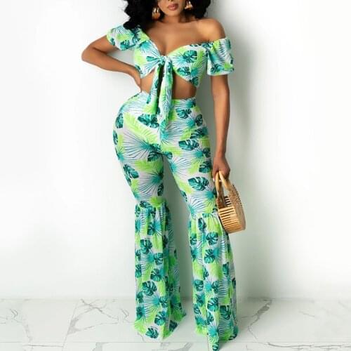 O-Ring Floral Print Tube Top & Frill Hem Shirred Long Pant Set Fashion Off Shoulder Bandage Beachwear Suits Sexy Club Party 2pcs