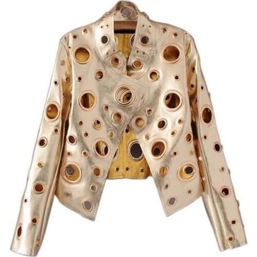 2021 New Spring Metal Hole Hole Motorcycle Short Jacket Women Coat Stand Collar Slim High Quality Pu Leather Jacket Women Jacket