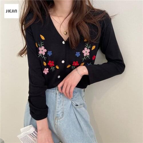 2020 Retro Embroidered Flower Knit Cardigans Sweater Women V Neck Loose Femme Chic Sexy Thin Knitted Casual Sweater
