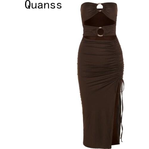 Quanss Sleeveless Off Shoulder Summer Dress Women 2021 Sexy High Split Strapless Draw String High Waist Sexy Cut Out Mini Dress