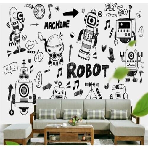 Milofi custom 3D wallpaper mural hand-painted graffiti robot wallpaper black and white linear draft background wall decoration w