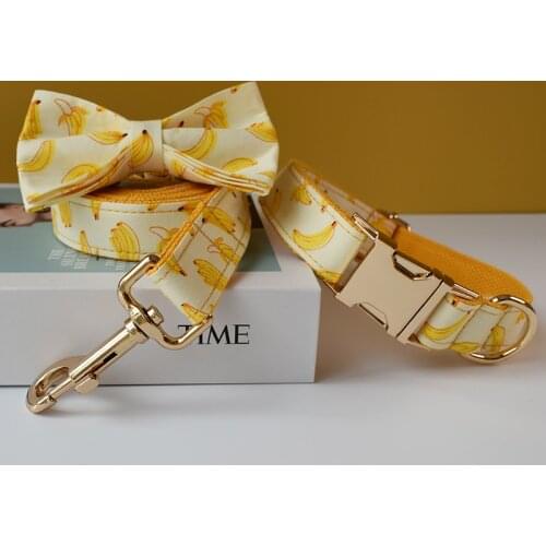 Free Engrave Nylon Personalized Banana Design Bow Dog Collar Leash Traction Rope For Small Big Adjustable Pet Straps Custom