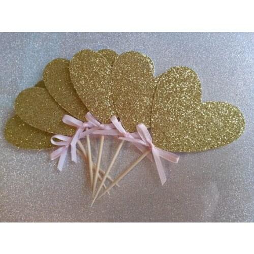 Glitter Heart with ribbons Cupcake Toppers birthday Wedding Bridal Shower Engagement party dinner food picks