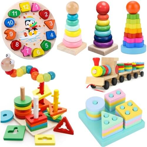 ASWJ Montessori Wooden 3D Toys Rainbow Colorful Block Kid Learning Toy Baby Music Rattles Graphic Educational Toy For Children
