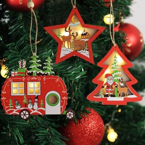 1pcs LED Christmas Ornaments Wooden Hanging Pendants Star Xmas Tree Christmas Decorations For Home Party New Year