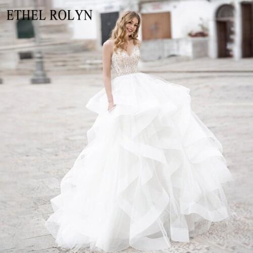 ETHEL ROLYN Sexy Backless Wedding Dress 2021 Sparkling Beaded A Line Bride Spaghetti Straps Tulle Wedding Gowns Vestido De Noiva
