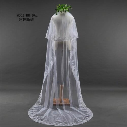 Vintage Bridal Veils White Ivory 2T Tullel Elbow Length Lace Edge Appliques Cathedral Length Custom Made Sequins Wedding Veil