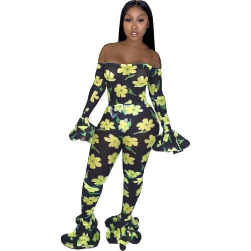 Jumpsuit Women Summer 2021 Floral Off Shoulder Long Sleeve Sexy Mesh Jumpsuit Club Party Bodycon Birthday Outfits Mono Mujer