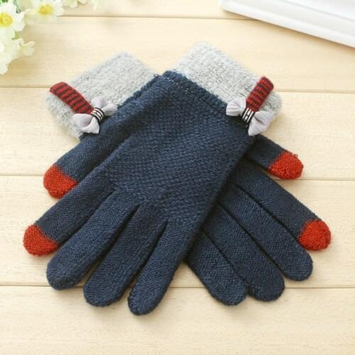 Korean version of autumn and winter ladies cute bow knit finger touch screen gloves
