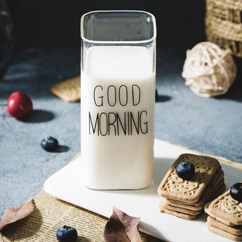 Creative Square Juice Cup Heat Resistant Glass Milk Cup Letter Print Drink Tea Mugs Transparent Home Drinkware