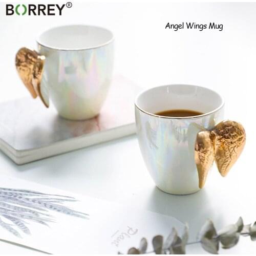BORREY Angel Wings Mug Gold Handle Goddess Cup Coffee Tea Office Mug Fairy Water Cup Colorful Pearl Color Creative Birthday Gift