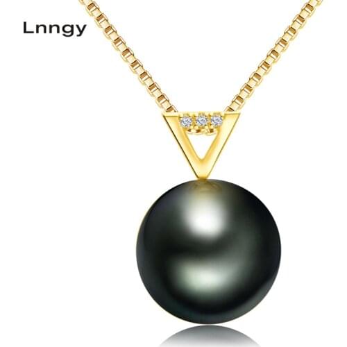 Lnngy 18K Solid Gold Diamond Black Pearl Pendant Necklace Hollow Triangle Natural Tahiti Pearl Women Wedding Pendant Necklace