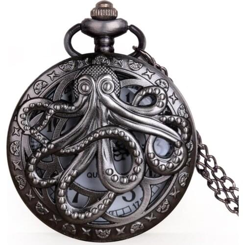 FashionOctopus Hollow Half Hunter Quartz Pocket Watch Vintage Black Pocket Watch with Necklace Chain Gift for Kid Men Women