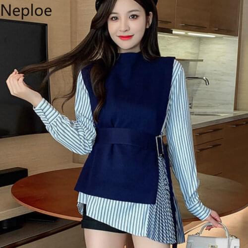 Neploe 2021 Korean Style Fashion Women Suit Two Piece Outfits Women Sweater Vest O-neck Irregularity Shirts Female 2 Piece Set