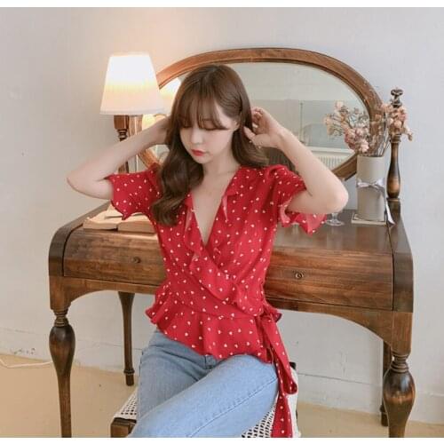 New Red Shirt femme Sexy v neck Women Short Sleeve Tops Dot Print Girls Blouse Plus Size Summer Women Blouses femme Blusas