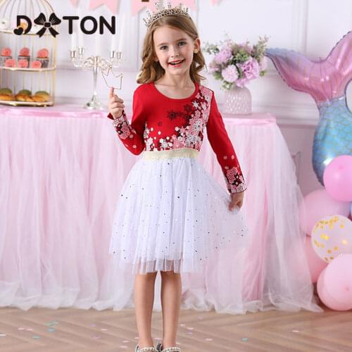DXTON New Long Sleeve Kids Dress For Girls Flower Appliques Princess Dress Girls Party Vestidos Children 2019 Christmas Costumes