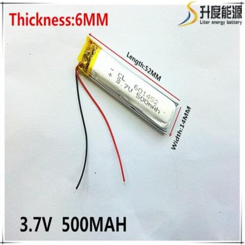 Polymer battery 500 mah 3.7 V 601452 smart home MP3 speakers Li-ion battery for dvr,GPS,mp3,mp4,cell phone,speaker