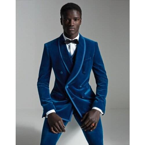 Latest Coat Pant Designs Royal Blue Velvet Men Suit Double Breasted Slim Fit 3 Piece Tuxedo Custom Prom Groom Blazer Masculino
