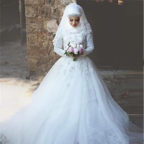 Saidmhamad High Neck Applique Lace White Lace and Tulle Wedding Dress Long Sleeves Muslim Crystals Bridal Gowns with Kerchief