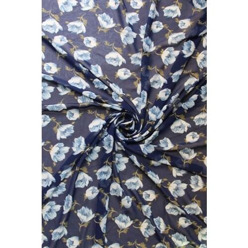 145cm width 75D printed chiffon fabric flower CH6148 dark blue