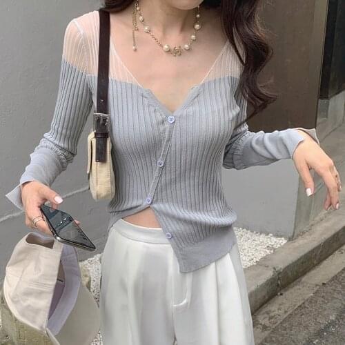 Special Style Sexy V Neck Hollow-Out Sweater Slim Cardigan Knitwear With Button