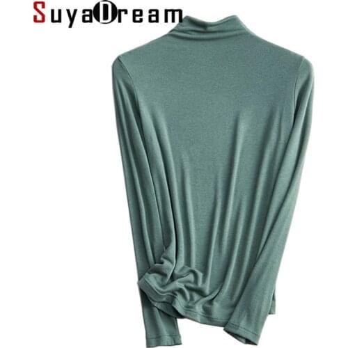 SuyaDream Women Bottoming T Shirt Wool Viscose Blend Long Sleeves Solid Basic Shirt Mock Neck 2021 Autumn Winter Top