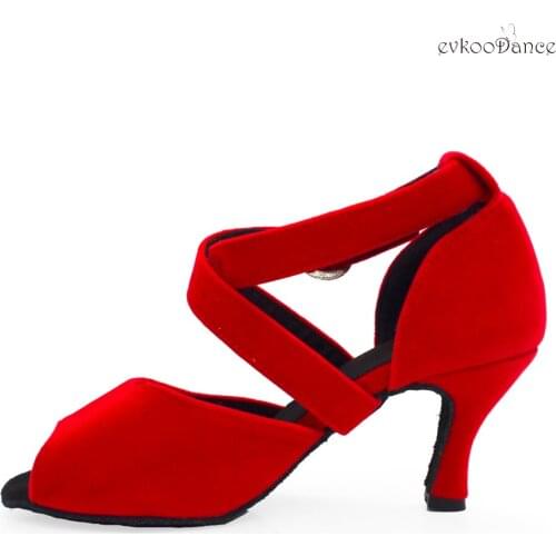 Evkoodance Practice Red Nubuck Latin Dance Shoes 7cm Mid Heel Latin Salsa Ballroom Party Dance Shoes Women