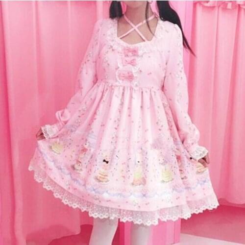 Japanese sweet lolita dress vintage lace bowknot cross strap cute printing victorian dress kawaii girl gothic lolita op loli cos